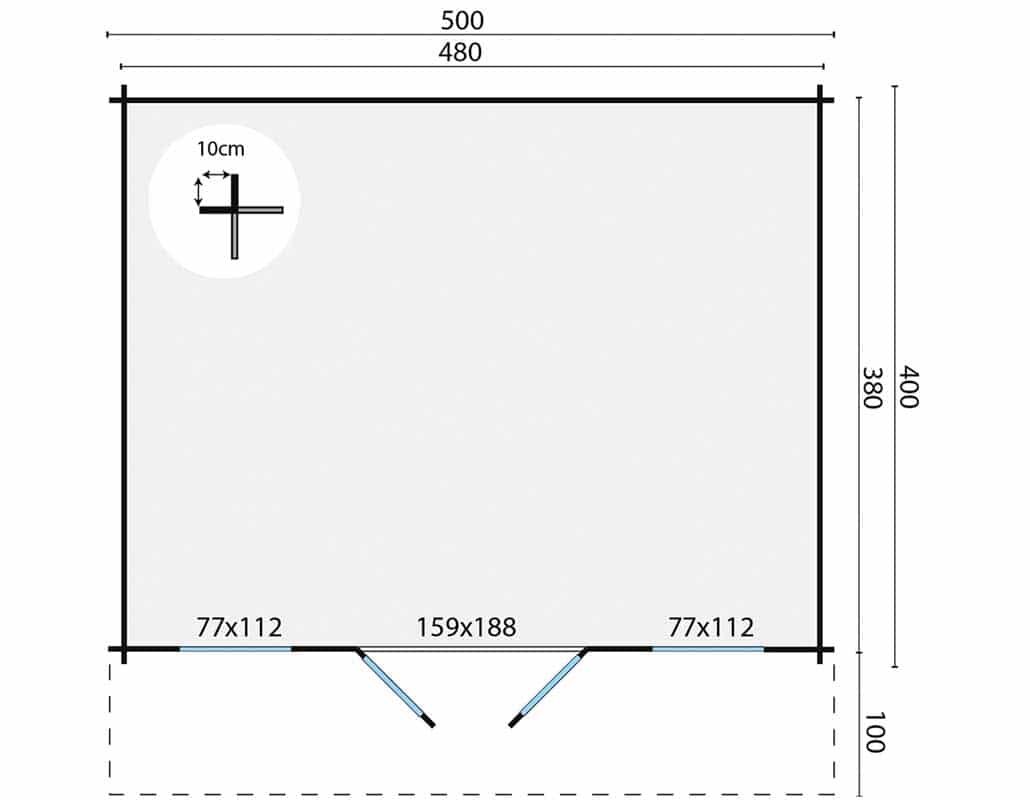 Blockhaus Viggo 500 x 400 x 281 cm mit Vordach von 100 cm - Wandstarke 28 mm
