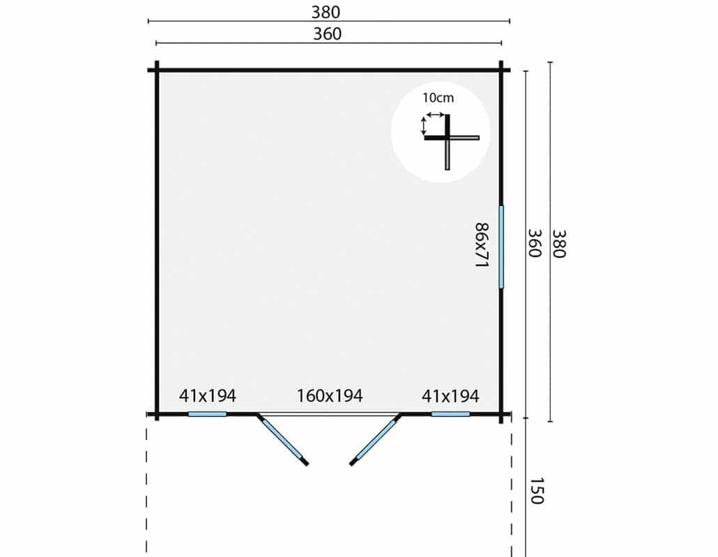 Blockhaus S&ouml;ren 380x380 cm + luifel 150 cm