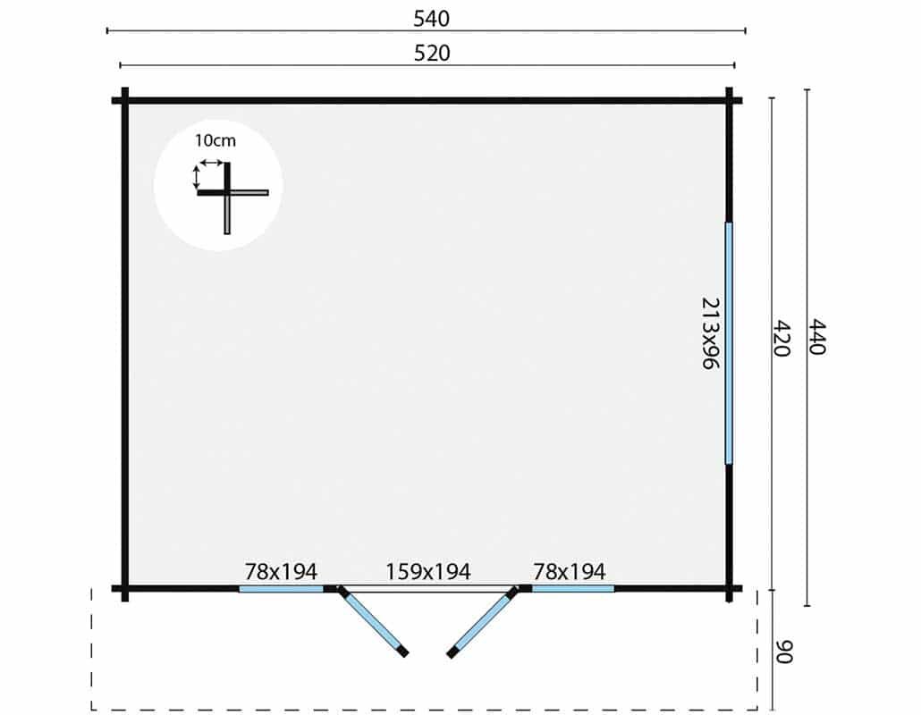 Blockhaus Newcastle 540 x 440 x 276cm + Vordach 90 cm - Wandstarke 58 mm