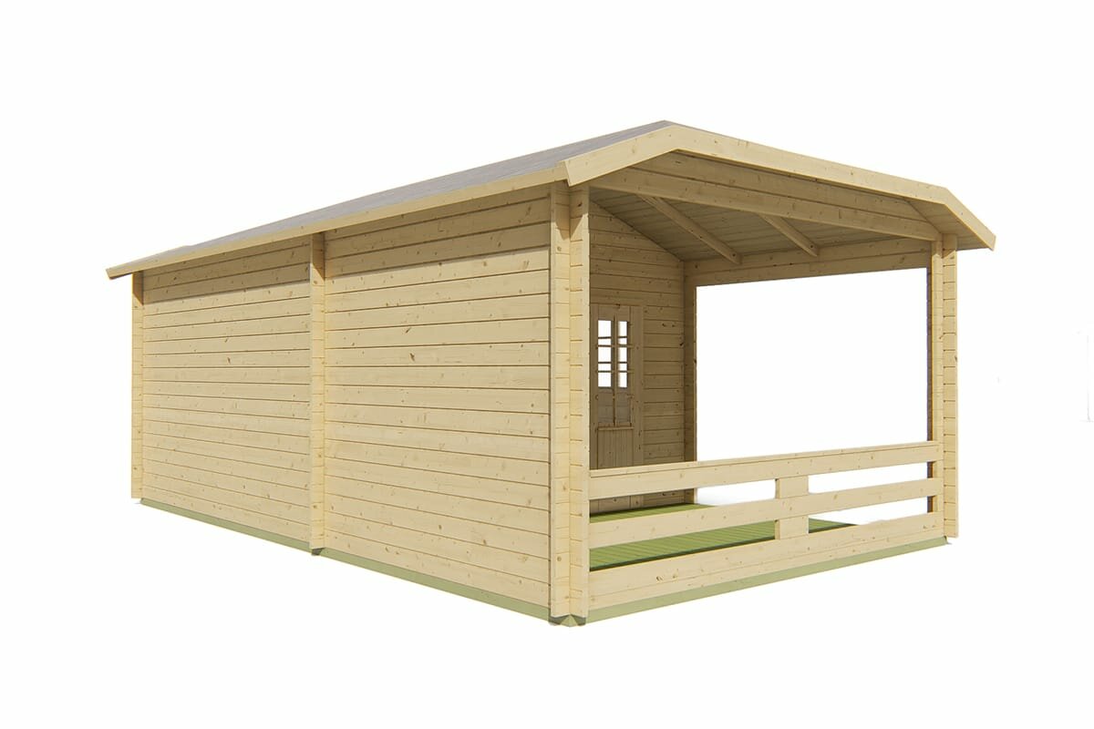 Blockhaus Torkel mit Uberdachung und Seitendach 700 x 420 cm - Wandstarke 44 mm