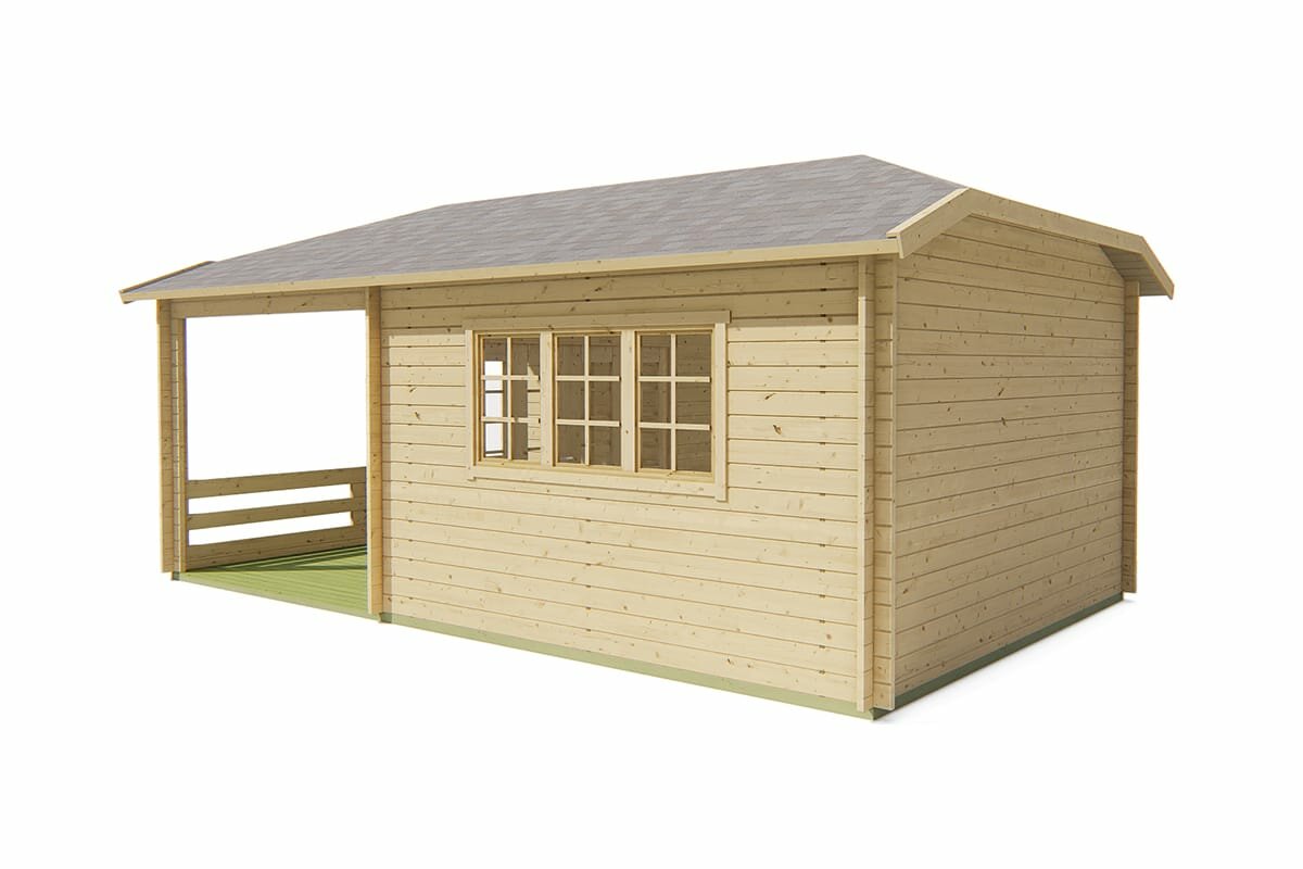 Blockhaus Torkel mit Uberdachung und Seitendach 700 x 420 cm - Wandstarke 44 mm