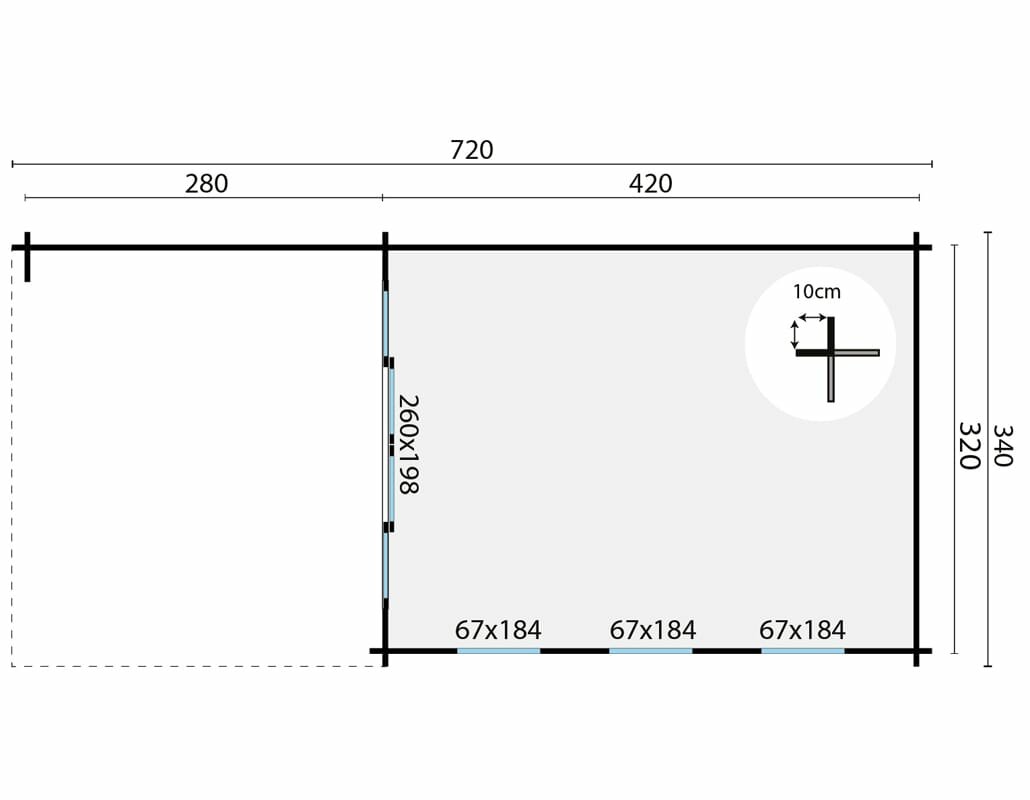 Blockhaus Skeg mit Uberdachung - 44 mm Wandstarke - 720 x 340 x 243 cm