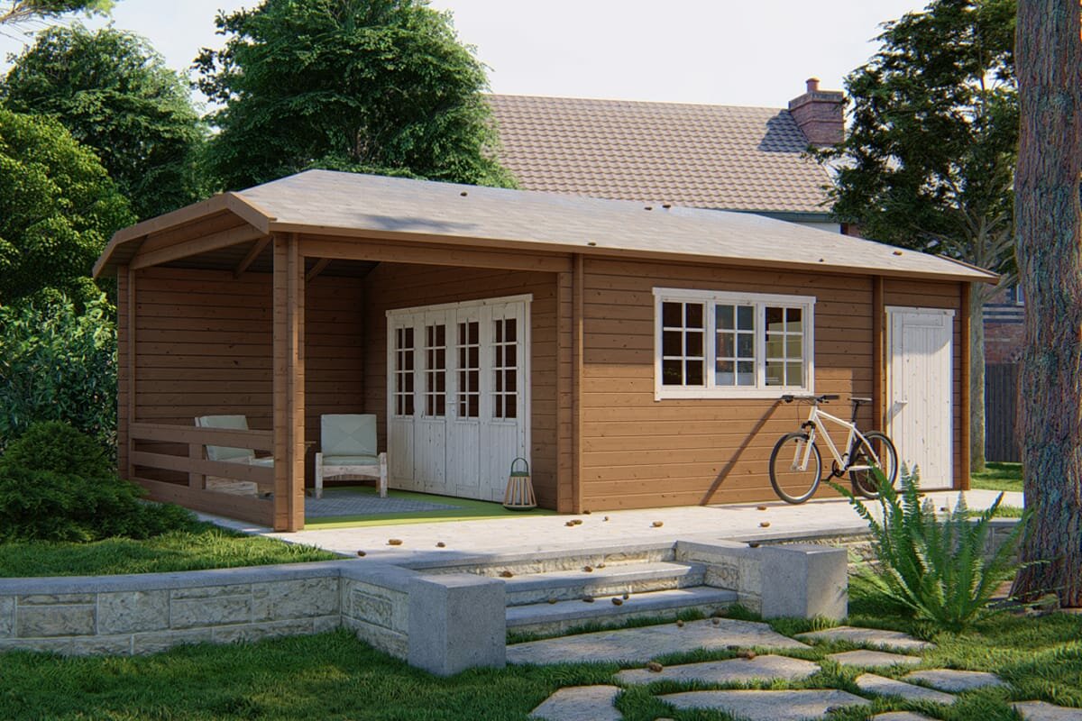 Blockhaus Sibella mit Uberdachung 850 x 420 cm - Wandstarke 44 mm