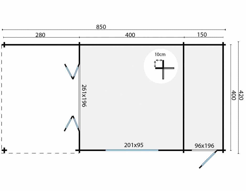 Blockhaus Sibella mit Uberdachung 850 x 420 cm - Wandstarke 44 mm