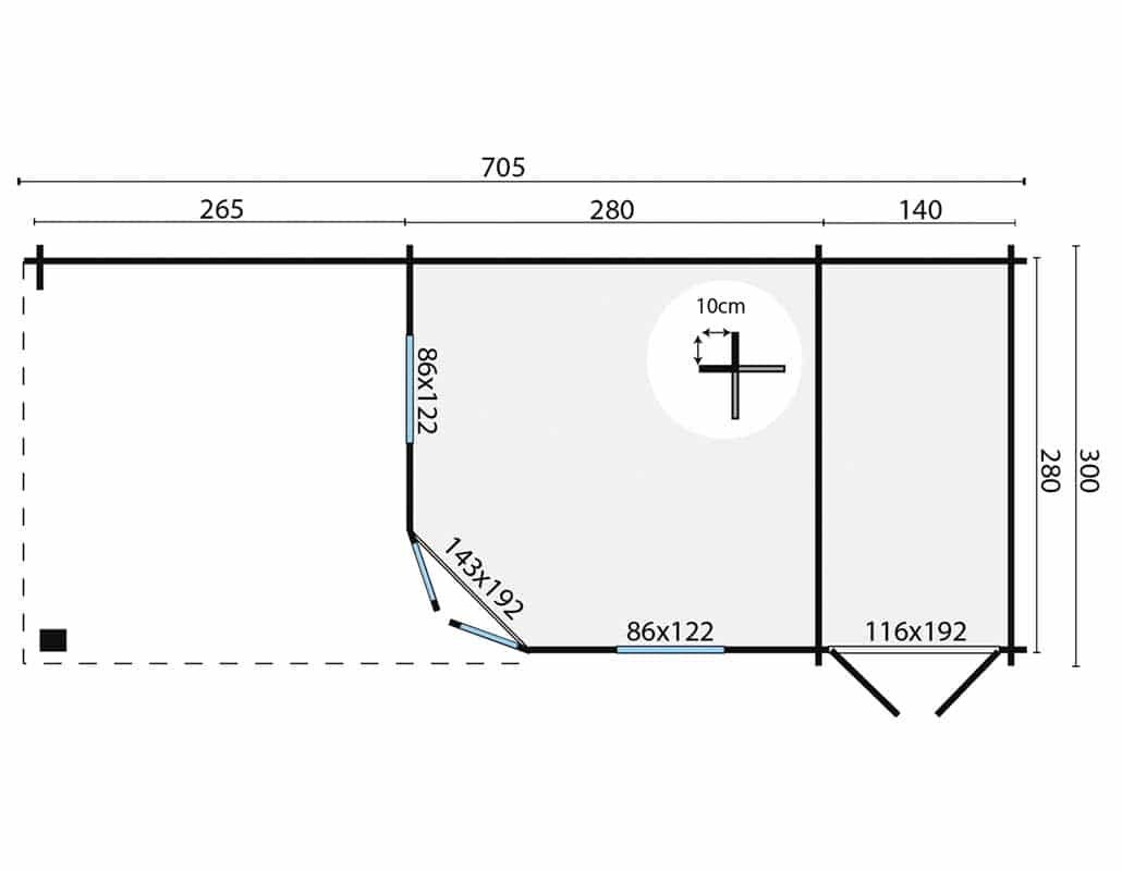 Blockhaus Olson mit Uberdachung 420 + 265 x 300 cm Skandinavische Fichte -Wandstarke 44 mm