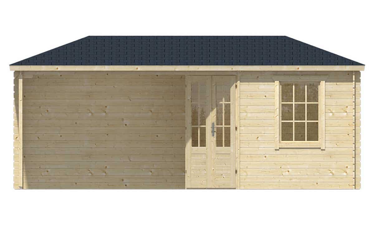 Blockhaus Niklas mit Uberdachung 250 + 325 x 250 - Unbehandeltes Fichtenholz - Wandstarke 28 mm