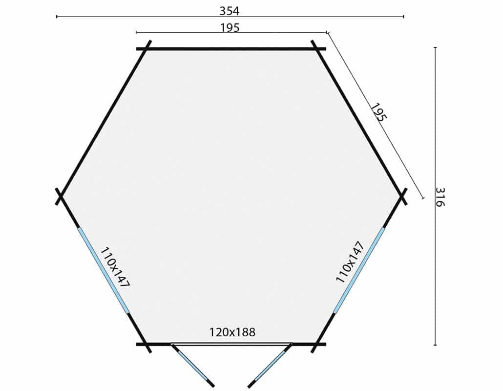 Blockhaus Nora 354 x 316 cm - Sechseckige Gartenlaube - Wandstarke 34 mm