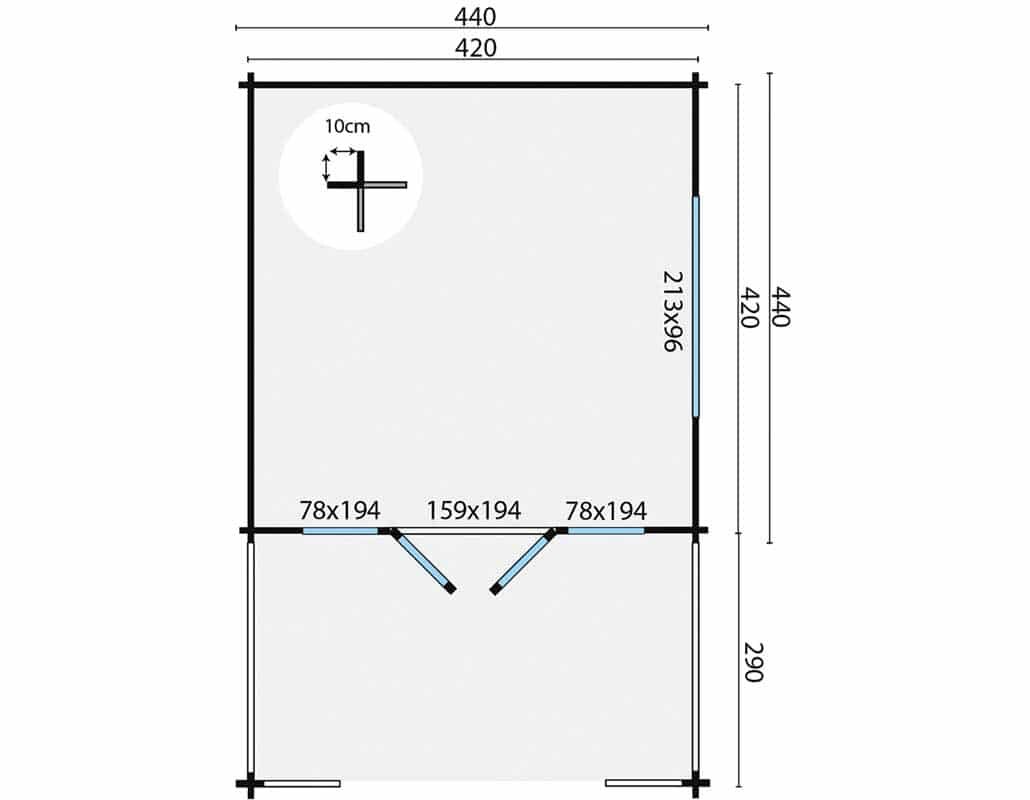 Blockhaus Leeds mit breitem Vordach 440 x 730 cm (58 cm)