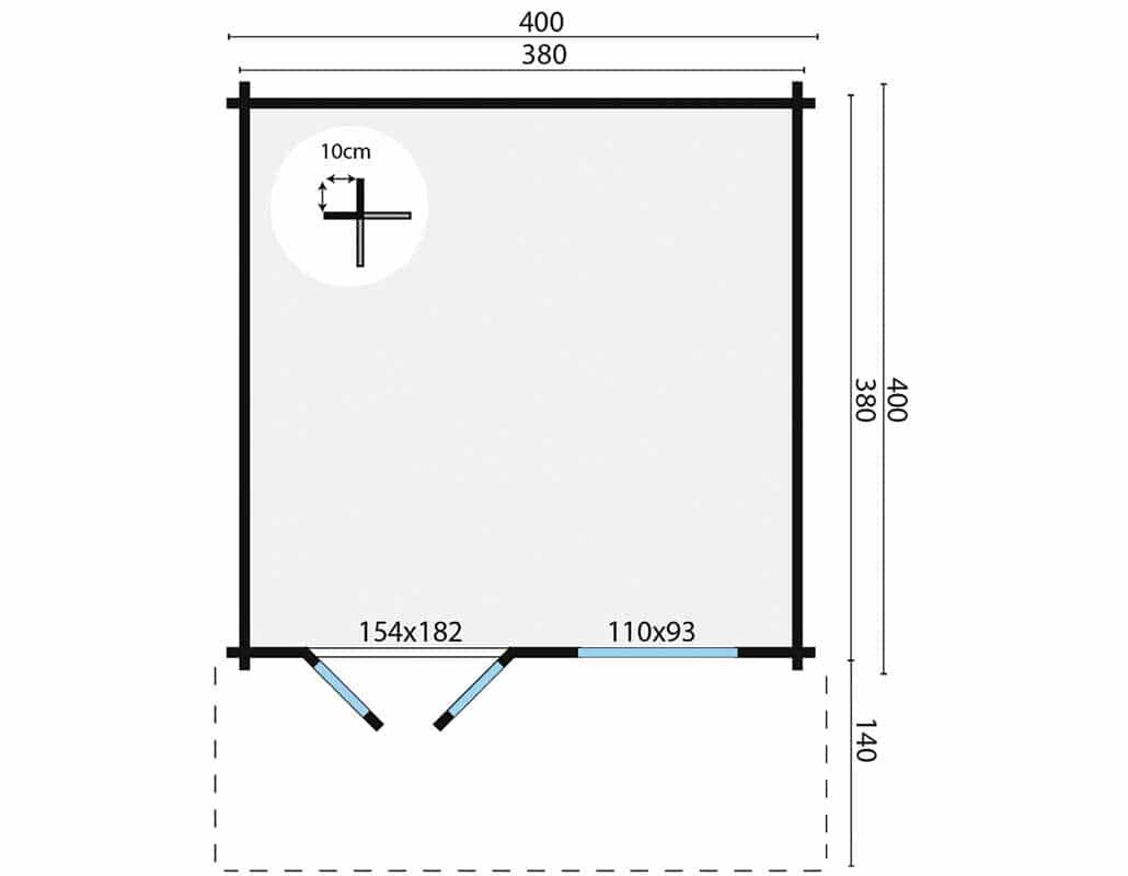 Blockhaus Stian 400 x 400 x 250 cm + Luifel 140 cm Wanddikte 58 mm