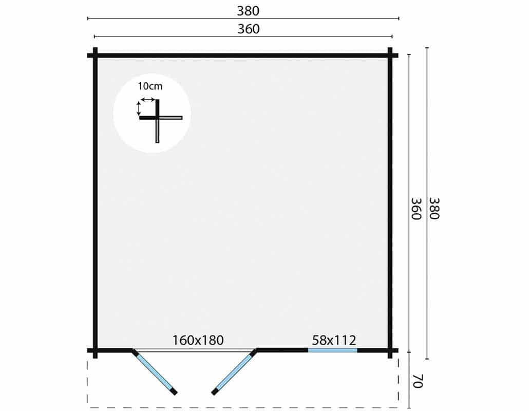 Blockhaus Ulrik 380x380 cm + luifel 70 cm