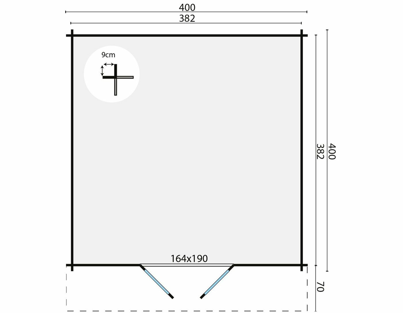 Blockhaus Torrent 400 x 400 x 236 cm mit 70 cm Vordach - Wandstarke 34 mm