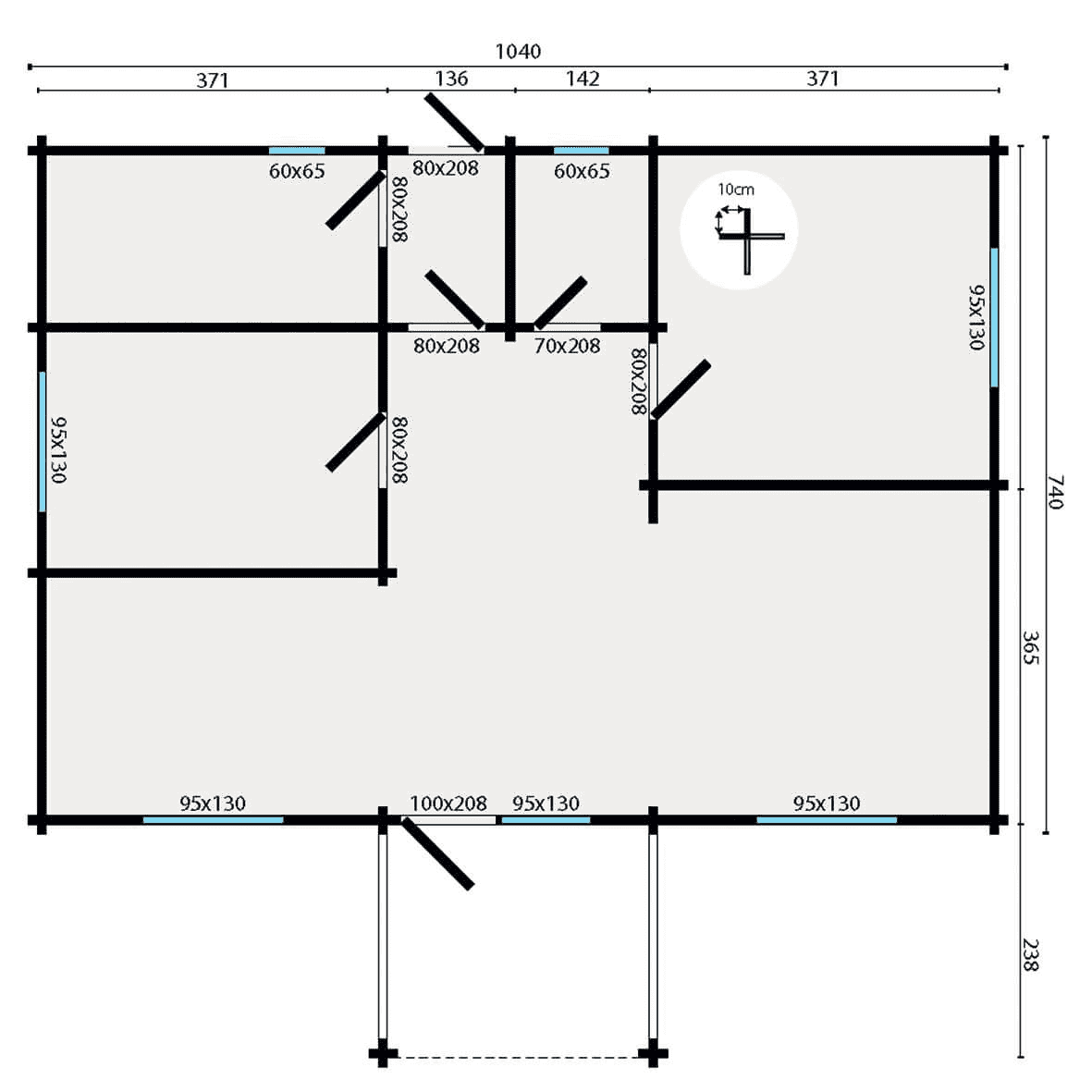 Blockhaus Finn 1040 x 740+238 x 365 cm &ndash; Fertighaus aus Holz &ndash; Luxus-Chalet