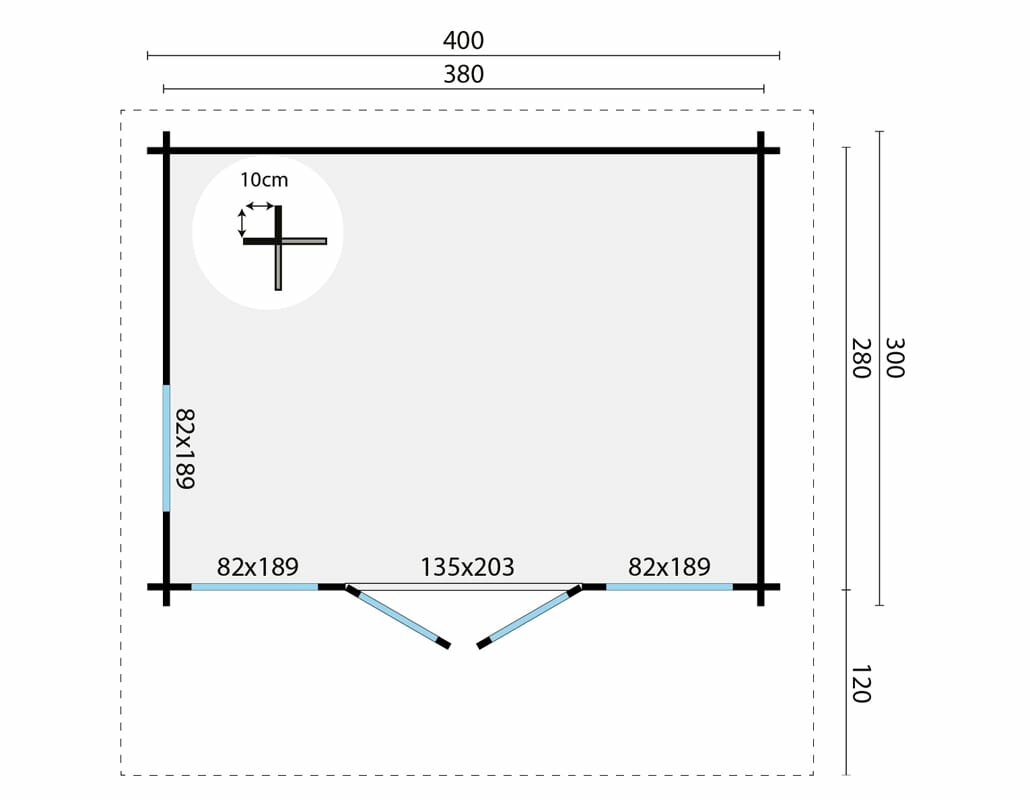 Blockhaus James onbehandeld 400 x 420 x 223 cm - Wandst&auml;rke 44 mm