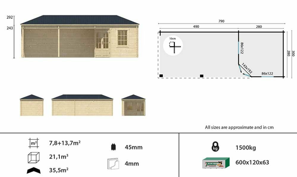 Blockhaus Bertil 300 + 490 x 300 cm - Mit breiter Uberdachung (44 mm) - Wandstarke 44 mm