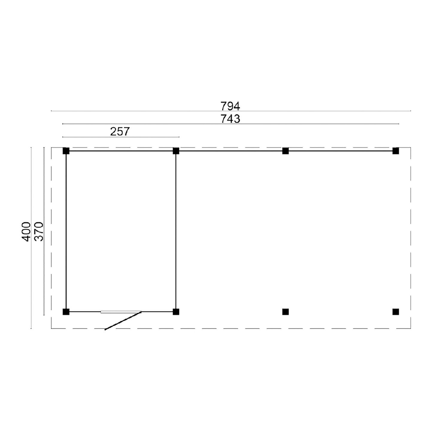 Blockhaus Twello mit Seitendach 743 x 370 x 262 cm - Gehobeltes Larche Douglasie mit hellen Wanden