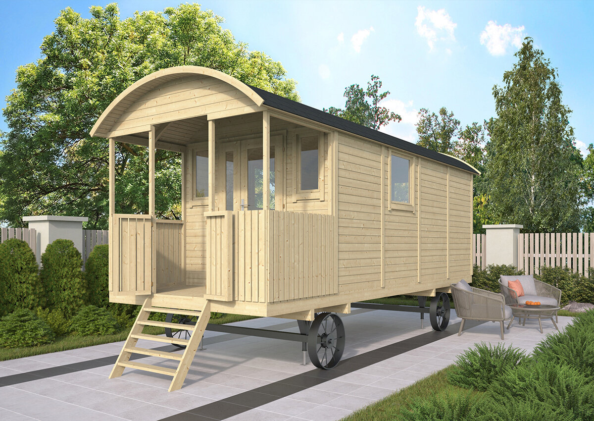 Pipowagen Onbehandeld Vuren 840 x 240 x 319 cm met veranda - Zigeunerwagen Jimmy 