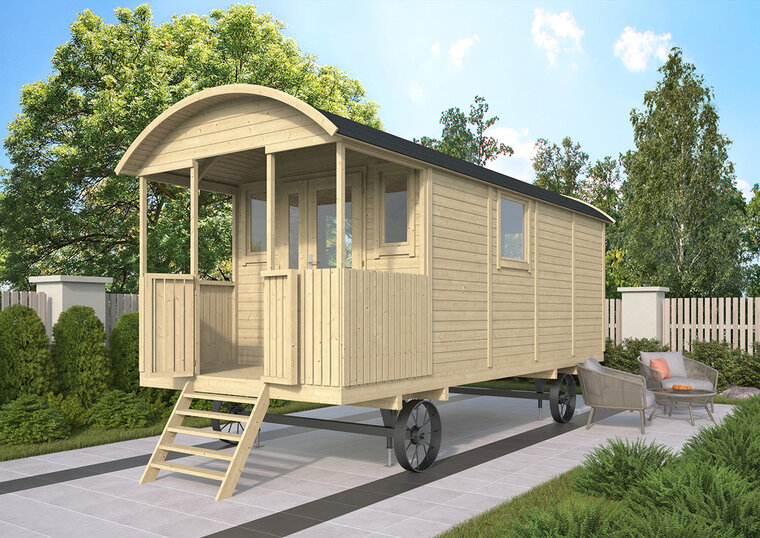 Zirkuswagen aus unbehandelter Fichte 720 x 240 x 319 cm mit Veranda - Zigeunerwagen Kathleen