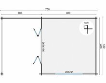 Blockhaus Torkel mit Uberdachung und Seitendach 700 x 420 cm - Wandstarke 44 mm