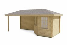 Blockhaus Niklas mit Uberdachung 250 + 325 x 250 - Unbehandeltes Fichtenholz - Wandstarke 28 mm