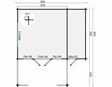 Blockhaus Manchester 594 x 663 cm - Mit Vordach und separatem Abstellraum - Wandstarke 58 mm